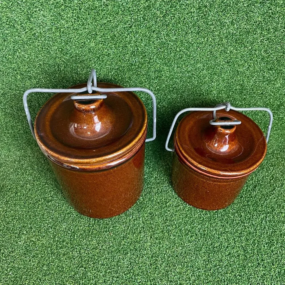 Vintage Brown Glaze Stoneware Cheese Crocks with Wire Latch Lids Lot